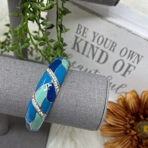 Blue Hinged Cuff Bracelet Clear Rhinestones Silver